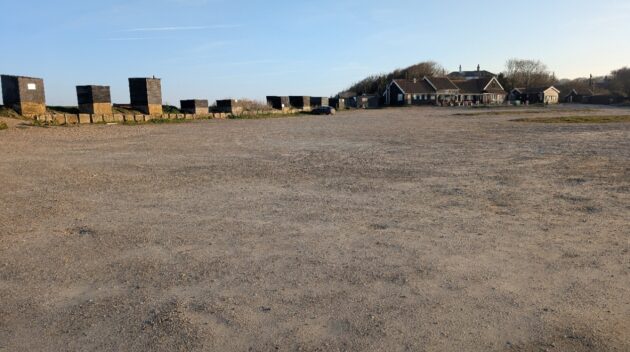 Beach car park with winches and Flora Tea Rooms